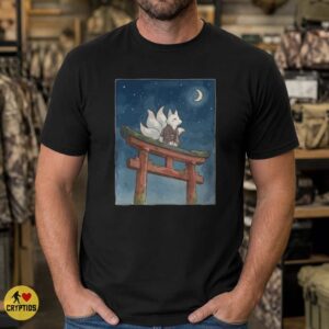 Kitsune White Fox Torii Gate Kimono Crescent Moon Night Shirt