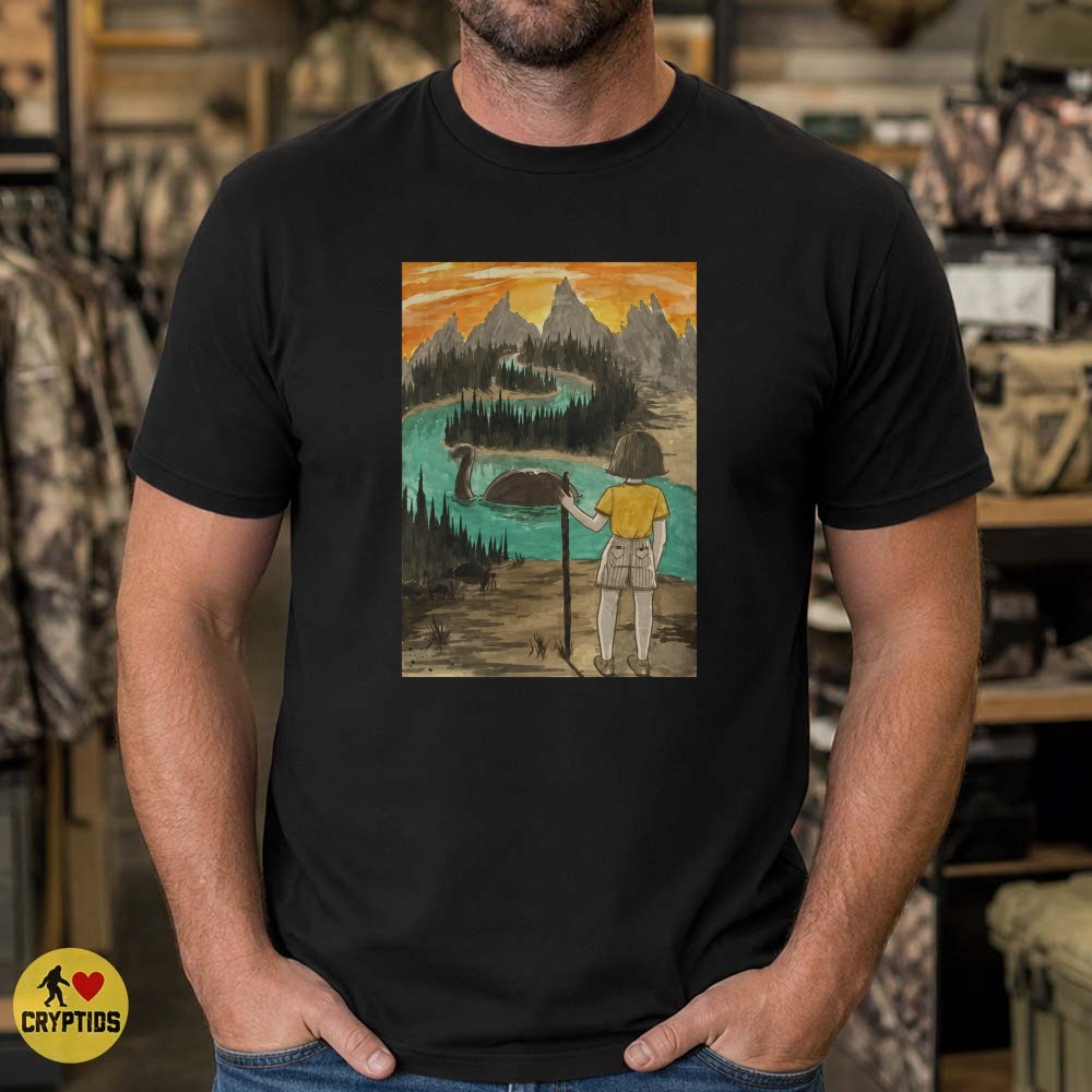 Loch Ness Monster Girl Lake Watercolor Mountain Sunset Cryptid Art T-Shirt 4 Loch Ness Monster Girl Lake Watercolor Mountain Sunset Cryptid Shirt