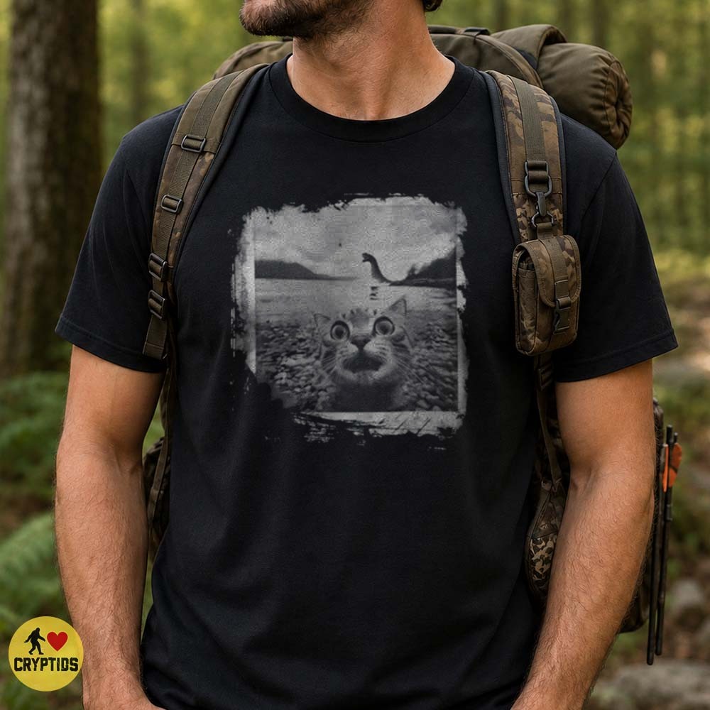 Loch Ness Monster Shocked Cat Funny Vintage Photo Cryptid T-Shirt 1 Loch Ness Monster Shocked Cat Funny Vintage Photo Cryptid Shirt
