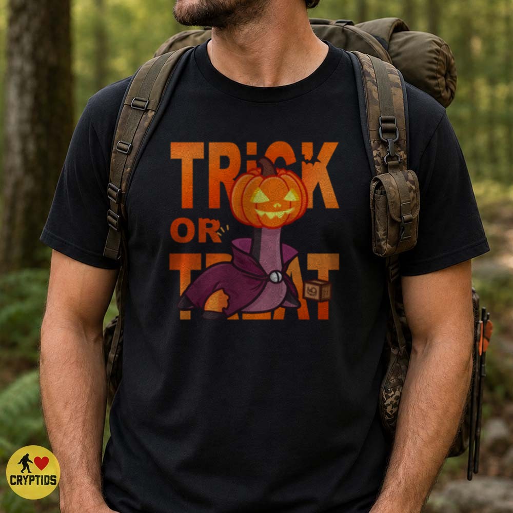 Loch Ness Monster Trick Or Treat Halloween Pumpkin Head Funny Cryptid T-Shirt 2 Loch Ness Monster Trick Or Treat Halloween Pumpkin Head Funny Shirt