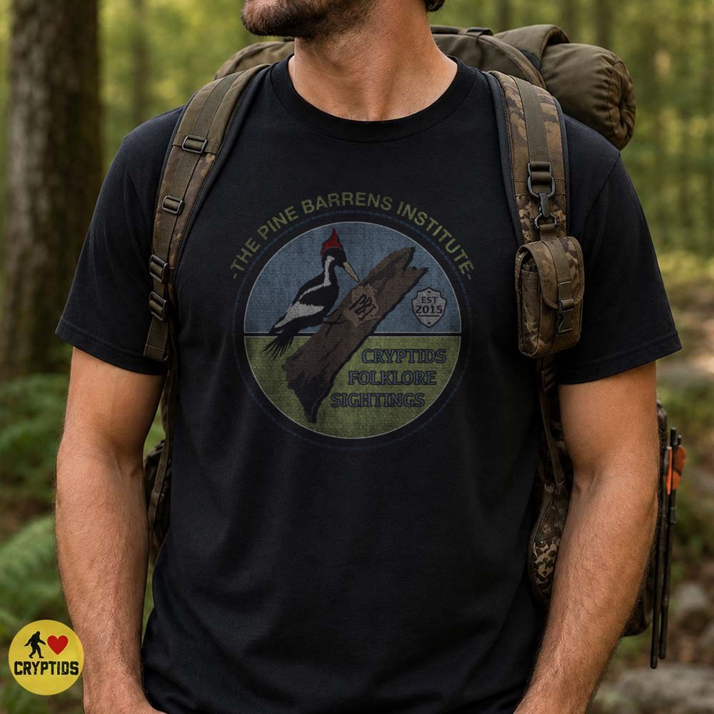 Pine Barrens Institute Cryptids Folklore Sightings Ivory Billed Woodpecker Badge T-Shirt 1 Pine Barrens Institute Cryptids Folklore Sightings Ivory Billed Woodpecker Badge Shirt
