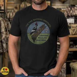 Pine Barrens Institute Cryptids Folklore Sightings Ivory Billed Woodpecker Badge T-Shirt 6 Pine Barrens Institute Cryptids Folklore Sightings Ivory Billed Woodpecker Badge Shirt