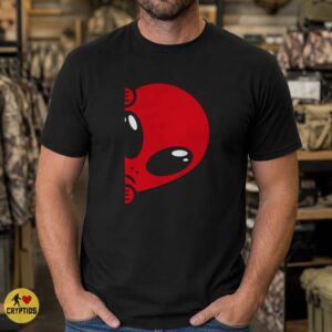 Red Alien Peeking Around Corner Funny UFO Paranormal Sci-Fi Shirt