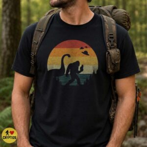 Retro Bigfoot Holding Cat Loch Ness Monster UFO Vintage Sunset Shirt