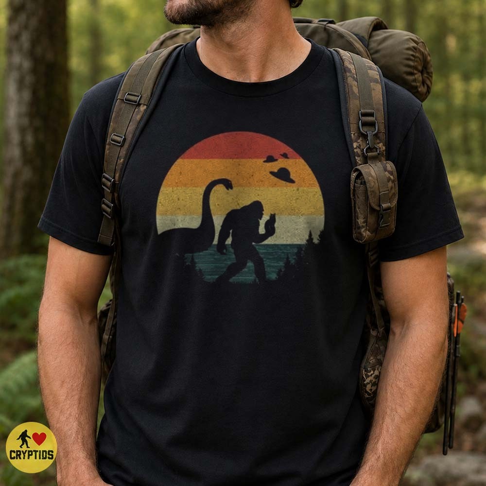 Retro Bigfoot Holding Cat Loch Ness Monster UFO Vintage Sunset T-Shirt 1 Retro Bigfoot Holding Cat Loch Ness Monster UFO Vintage Sunset Shirt