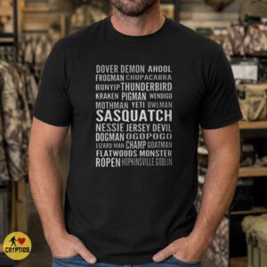 Sasquatch Mothman Chupacabra Wendigo Kraken Cryptid Names Word Cloud Believer T-Shirt 7 Sasquatch Mothman Chupacabra Wendigo Kraken Cryptid Names Word Cloud Believer Shirt