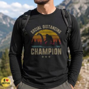 Social Distancing Champion Bigfoot Loch Ness Monster Retro Sunset Funny Shirt
