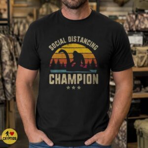 Social Distancing Champion Bigfoot Loch Ness Monster Retro Sunset Funny Shirt
