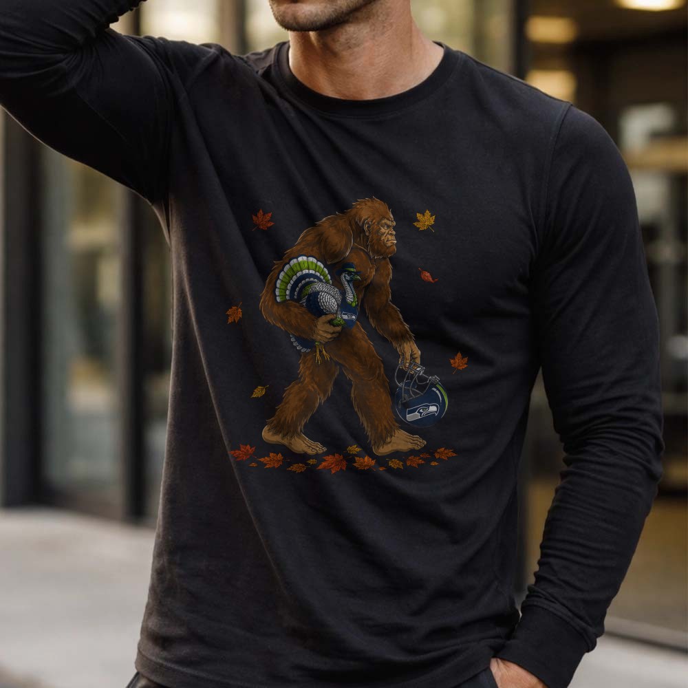 Seattle Seahawks Bigfoot Turkey T-Shirt, Thanksgiving Football Fan Gift 2 Seattle Seahawks Bigfoot Turkey Shirt