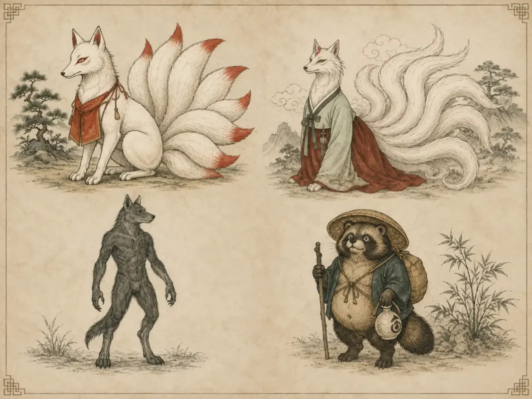 Kitsune Cryptid: Mythology, Sightings, Evidence, and Meaning 20 Comparative field guide illustration of Kitsune, Korean nine tailed fox, generic Dogman silhouette, and tanuki, without depicting culturally sensitive Navajo ritual imagery.