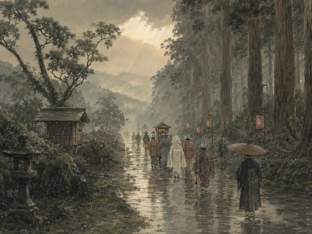 Kitsune Cryptid: Mythology, Sightings, Evidence, and Meaning 16 Restrained historical style reconstruction of a fox wedding during a sunshower, emphasizing atmosphere rather than fantasy spectacle.