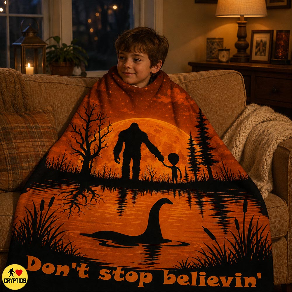 Bigfoot, Alien & Loch Ness Monster Blanket Sunset Cryptid Throw with Moon & Reflection 2 Bigfoot, Alien & Loch Ness Monster