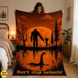 Bigfoot, Alien & Loch Ness Monster Blanket Sunset Cryptid Throw with Moon & Reflection 6 Bigfoot, Alien & Loch Ness Monster