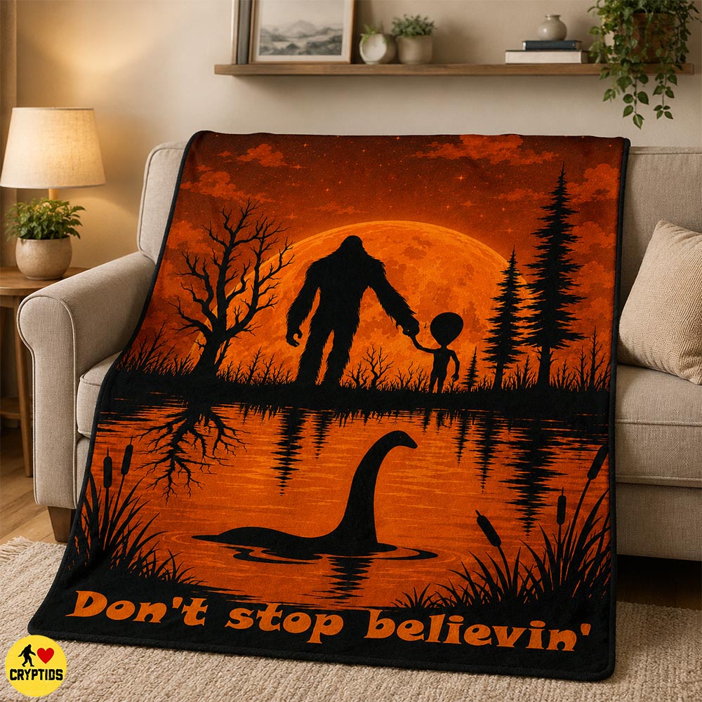 Bigfoot, Alien & Loch Ness Monster Blanket Sunset Cryptid Throw with Moon & Reflection 1 Bigfoot, Alien & Loch Ness Monster