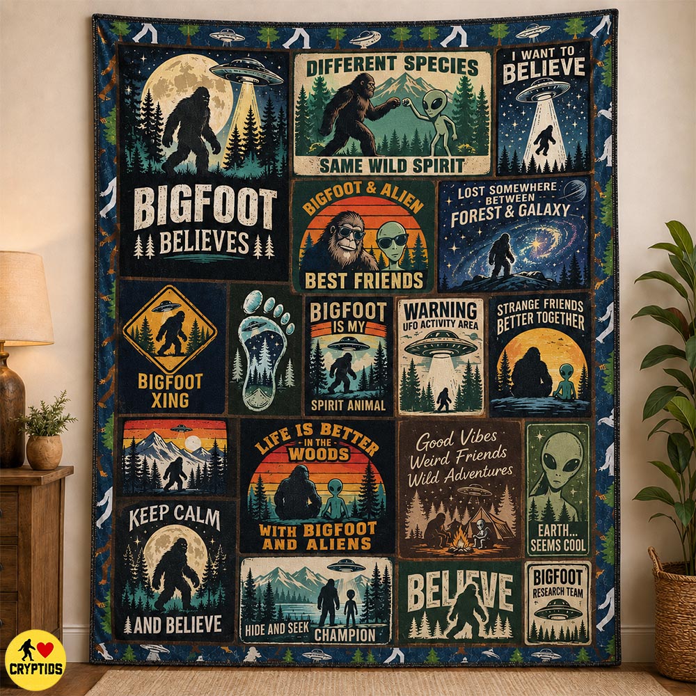 Bigfoot & Alien Blanket Funny Patchwork Throw with UFO & Best Friends Quotes 2 Bigfoot & Alien Blanket Funny Patchwork
