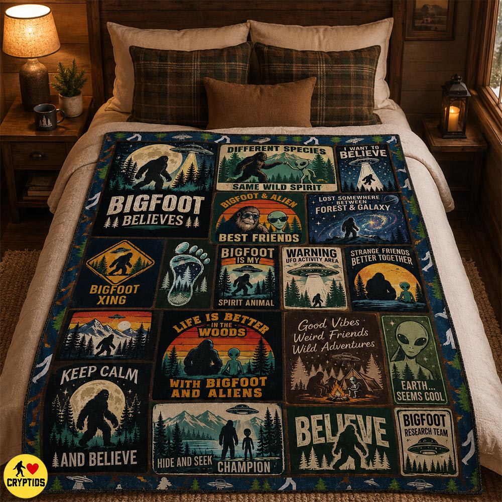 Bigfoot & Alien Blanket Funny Patchwork Throw with UFO & Best Friends Quotes 3 Bigfoot & Alien Blanket Funny Patchwork