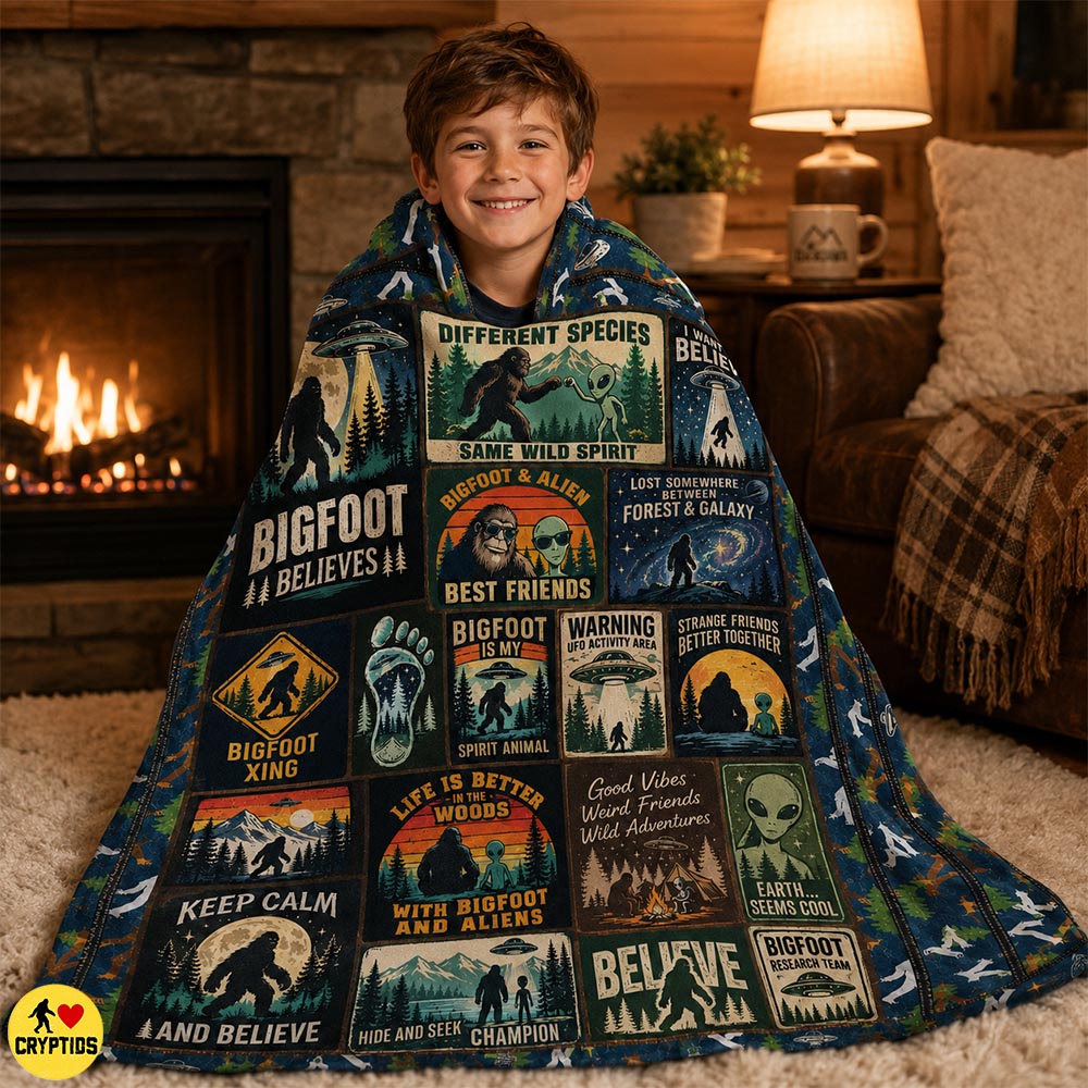 Bigfoot & Alien Blanket Funny Patchwork Throw with UFO & Best Friends Quotes 1 Bigfoot & Alien Blanket Funny Patchwork