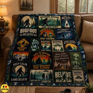 Bigfoot & Alien Blanket Funny Patchwork Throw with UFO & Best Friends Quotes 7 Bigfoot & Alien Blanket Funny Patchwork