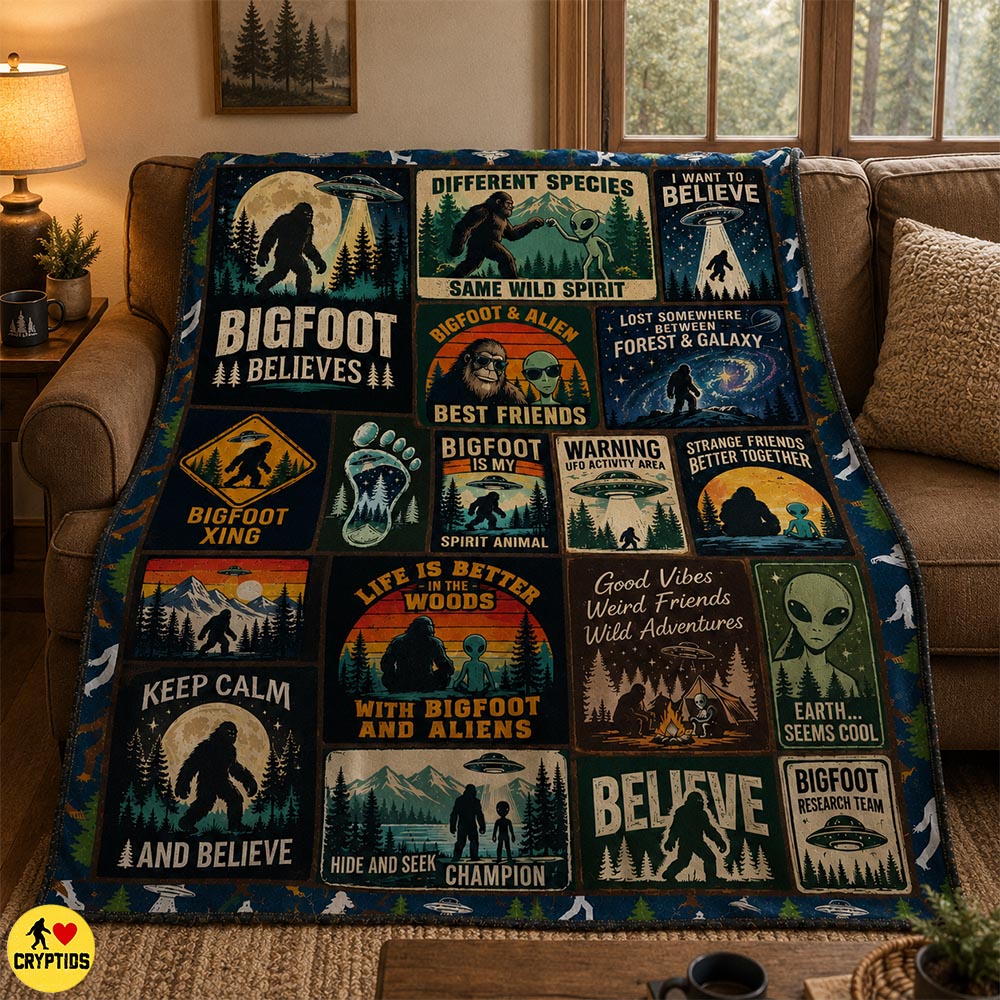 Bigfoot & Alien Blanket Funny Patchwork Throw with UFO & Best Friends Quotes 4 Bigfoot & Alien Blanket Funny Patchwork