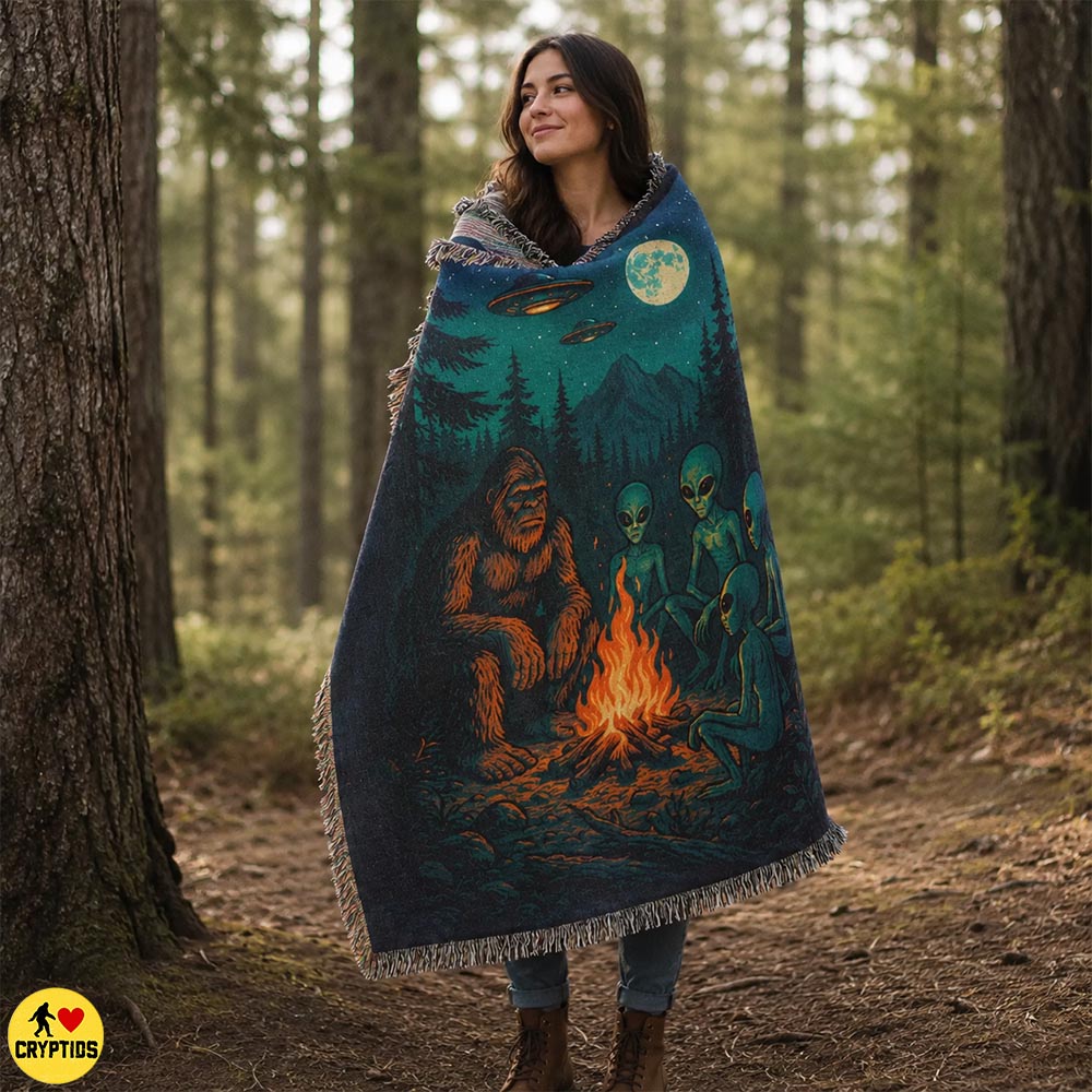 Bigfoot & Alien Woven Blanket Campfire Friends Throw with UFO & Starry Night 2 Bigfoot & Alien Woven Blanket Campfire