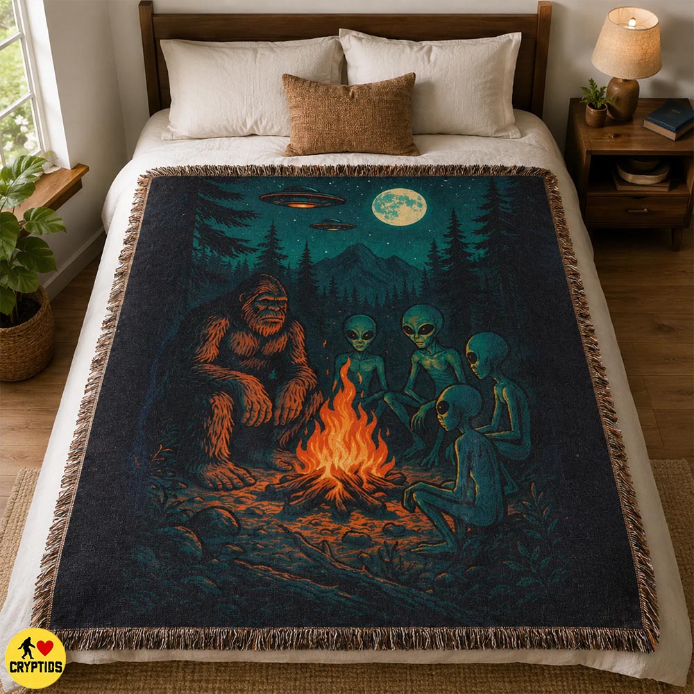 Bigfoot & Alien Woven Blanket Campfire Friends Throw with UFO & Starry Night 3 Bigfoot & Alien Woven Blanket Campfire