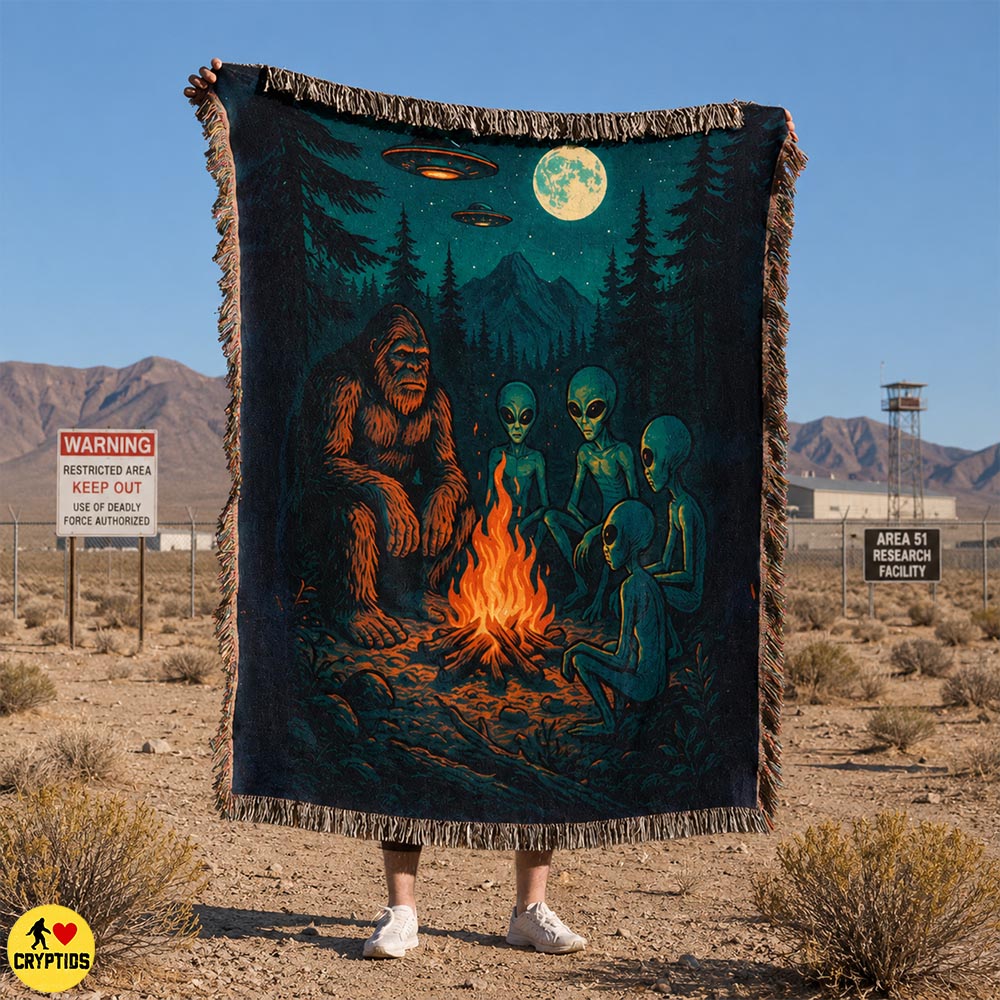 Bigfoot & Alien Woven Blanket Campfire Friends Throw with UFO & Starry Night 1 Bigfoot & Alien Woven Blanket Campfire