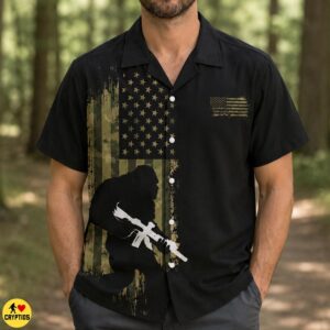 Bigfoot Military Hawaiian Shirt Patriotic Camo USA Flag Shirt for Men