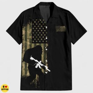Bigfoot Military Hawaiian Shirt Patriotic Camo USA Flag Shirt for Men