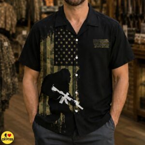Bigfoot Military Hawaiian Shirt Patriotic Camo USA Flag Shirt for Men