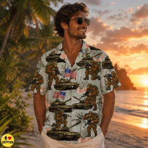 Bigfoot Military Hawaiian Shirt – Patriotic Sasquatch with American Flag & Tanks