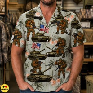 Bigfoot Military Hawaiian Shirt – Patriotic Sasquatch with American Flag & Tanks