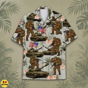 Bigfoot Military Hawaiian Shirt – Patriotic Sasquatch with American Flag & Tanks
