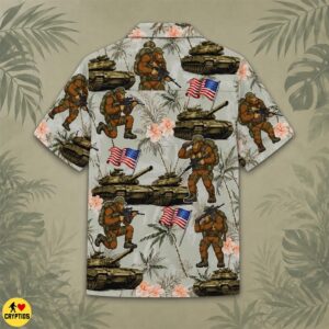 Bigfoot Military Hawaiian Shirt – Patriotic Sasquatch with American Flag & Tanks
