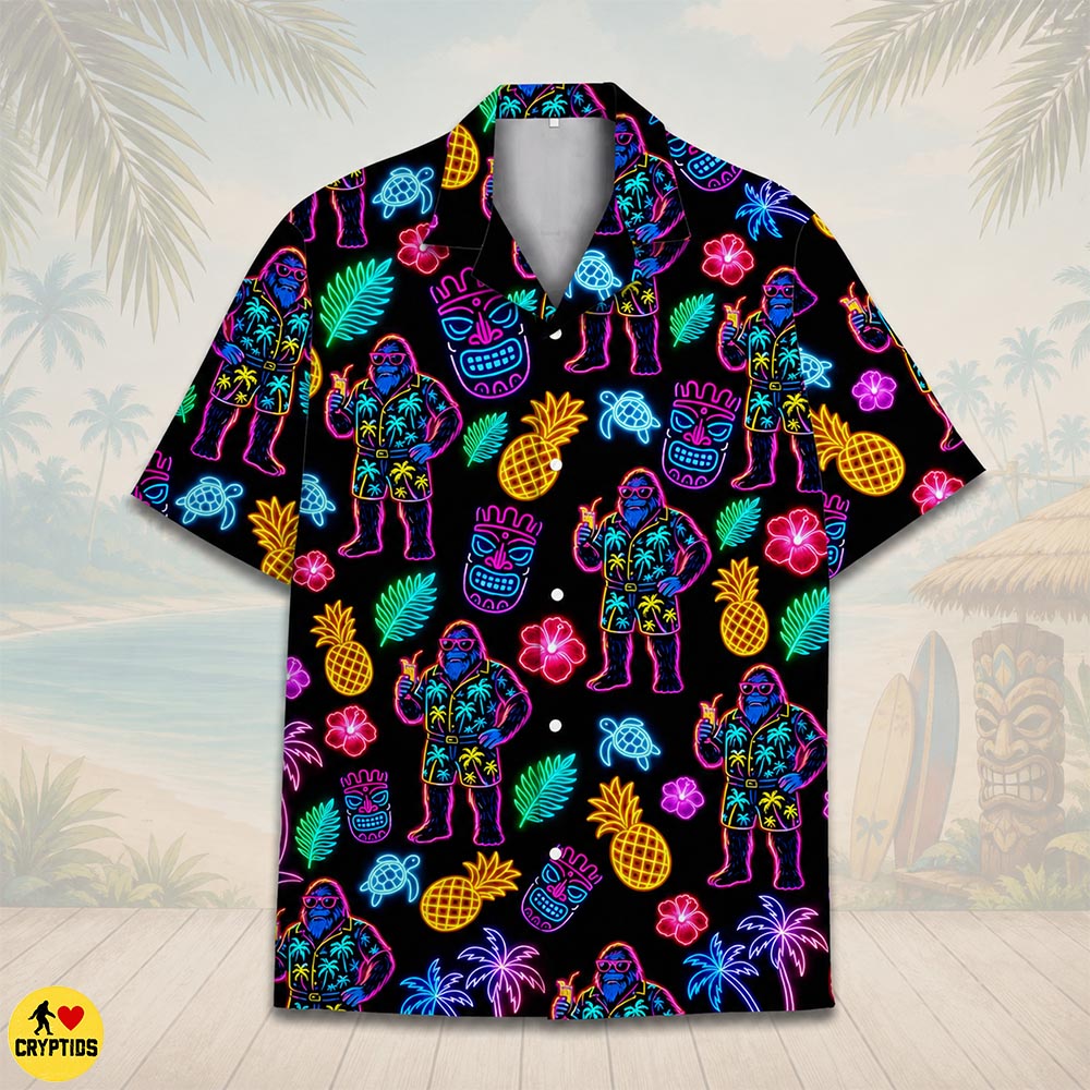 Bigfoot Neon Hawaiian Shirt – Glow Tropical Party with Tiki Pineapples 3 Bigfoot Neon Hawaiian Shirt – Glow Tropical Party with Tiki Pineapples