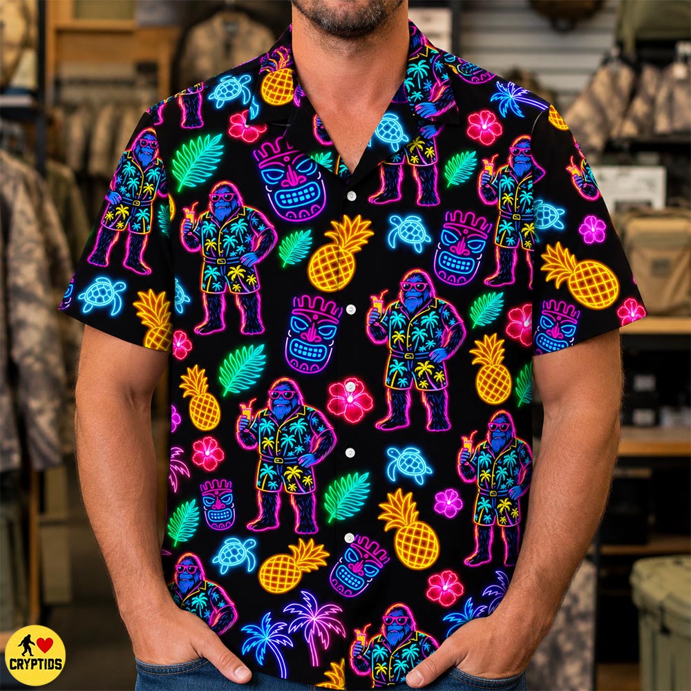 Bigfoot Neon Hawaiian Shirt – Glow Tropical Party with Tiki Pineapples 4 Bigfoot Neon Hawaiian Shirt – Glow Tropical Party with Tiki Pineapples