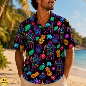 Bigfoot Neon Hawaiian Shirt – Glow Tropical Party with Tiki Pineapples