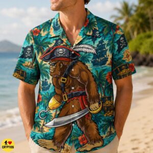 Caribbean Tropical Bigfoot Pirate Hawaiian Shirt for Men Boys