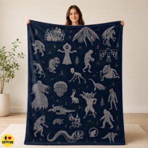 Cryptid Blanket Mythical Creatures Throw, Bigfoot, Mothman, Urban Legend Monsters 5 Cryptid Blanket Mythical Creatures Throw, Bigfoot,