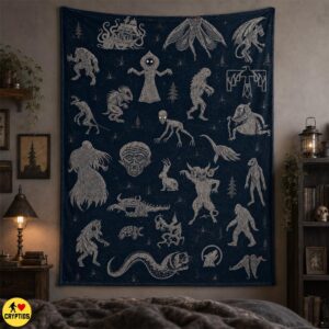 Cryptid Blanket Mythical Creatures Throw, Bigfoot, Mothman, Urban Legend Monsters 7 Cryptid Blanket Mythical Creatures Throw, Bigfoot,