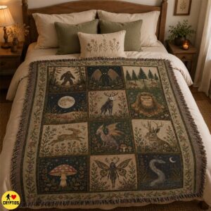 Cryptid Creatures Woven Blanket Cottagecore Throw