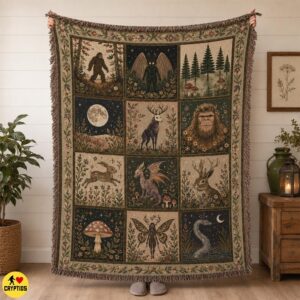 Cryptid Creatures Woven Blanket Cottagecore Throw