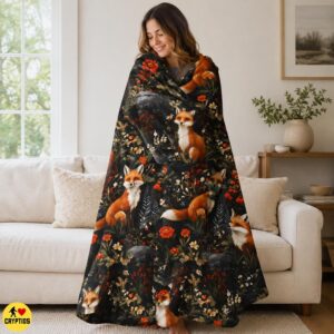 Folklore Fox Blanket Botanical Woodland Throw with Red Foxes, Wildflowers 5 Folklore Fox Blanket Botanical Woodland Throw