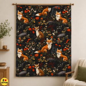 Folklore Fox Blanket Botanical Woodland Throw with Red Foxes, Wildflowers 6 Folklore Fox Blanket Botanical Woodland Throw