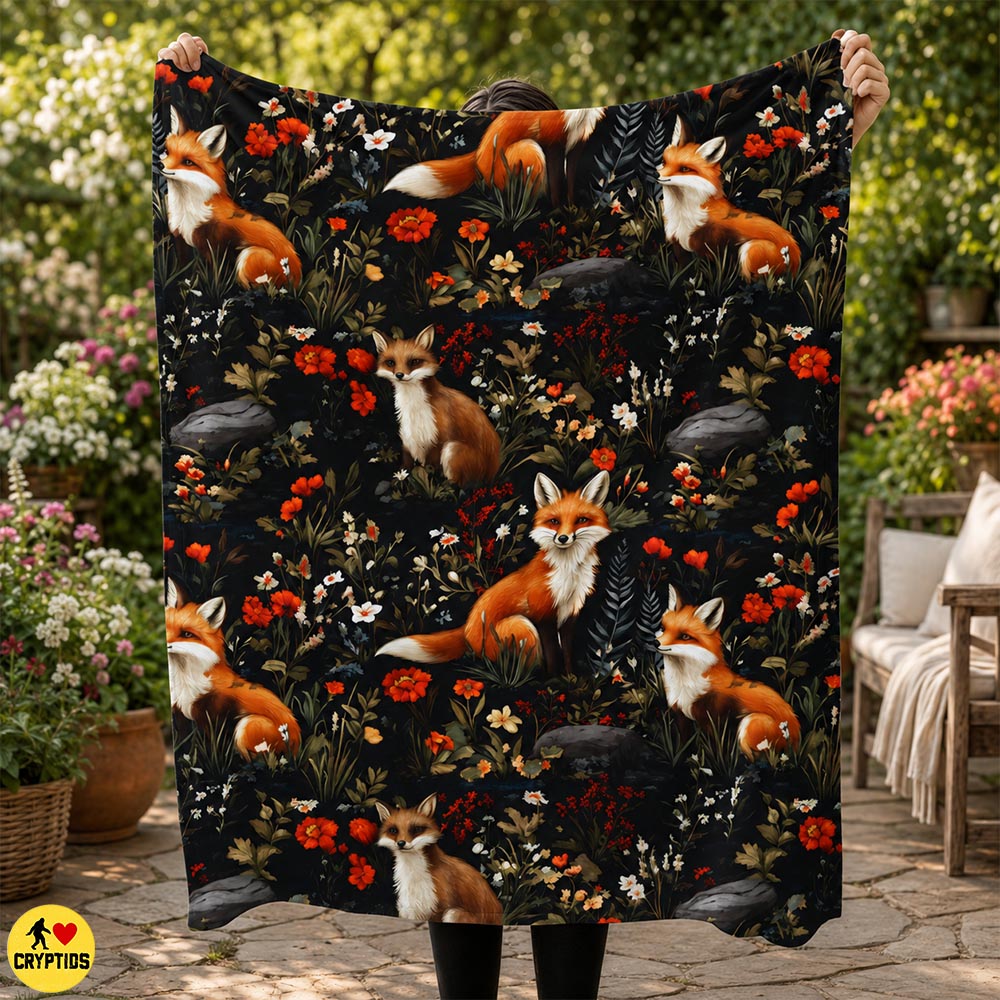Folklore Fox Blanket Botanical Woodland Throw with Red Foxes, Wildflowers 1 Folklore Fox Blanket Botanical Woodland Throw