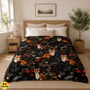 Folklore Fox Blanket Botanical Woodland Throw with Red Foxes, Wildflowers 7 Folklore Fox Blanket Botanical Woodland Throw