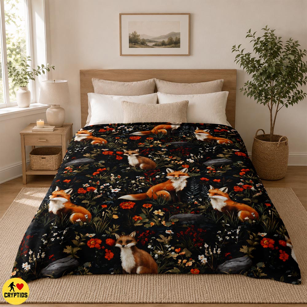 Folklore Fox Blanket Botanical Woodland Throw with Red Foxes, Wildflowers 4 Folklore Fox Blanket Botanical Woodland Throw
