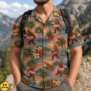Funny Bigfoot Flamingo Sunset Tropical Hawaiian Shirt