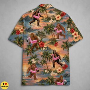 Funny Bigfoot Flamingo Sunset Tropical Hawaiian Shirt