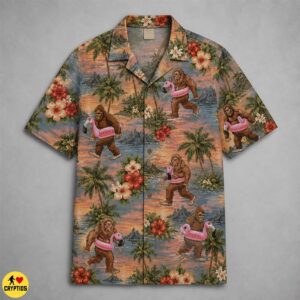 Funny Bigfoot Flamingo Sunset Tropical Hawaiian Shirt