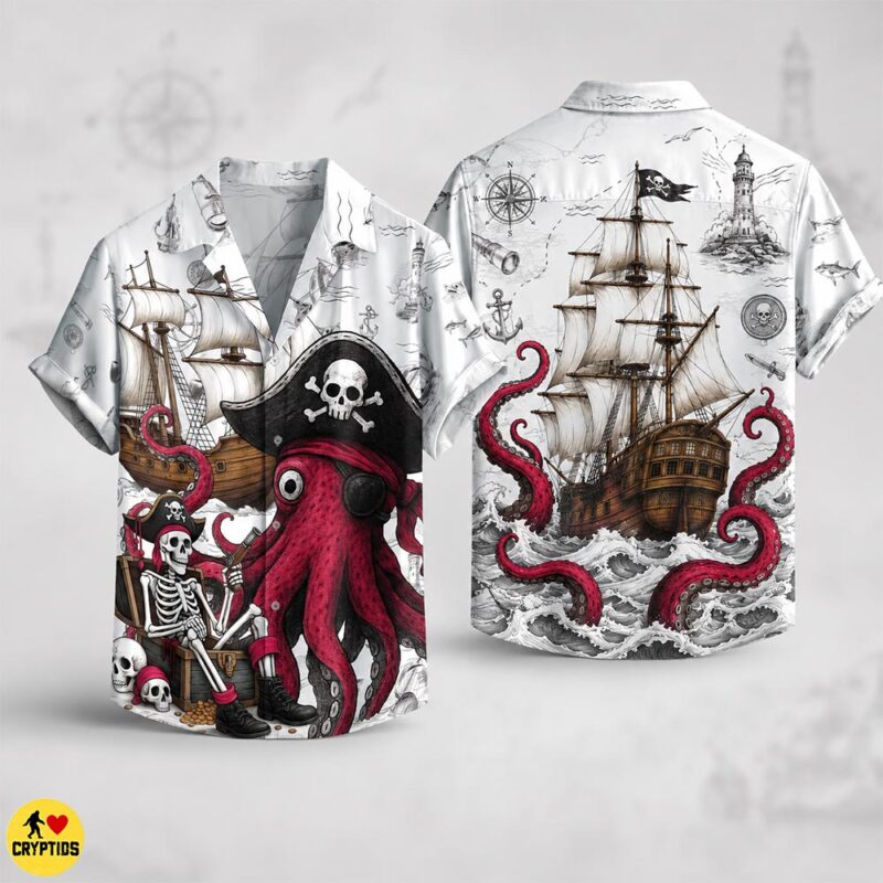 7 Best Kraken Hawaiian Shirts for Pirates & Sea Monster Fans 8 Giant Octopus Kraken Pirate Hawaiian Shirt With Ghost Ship